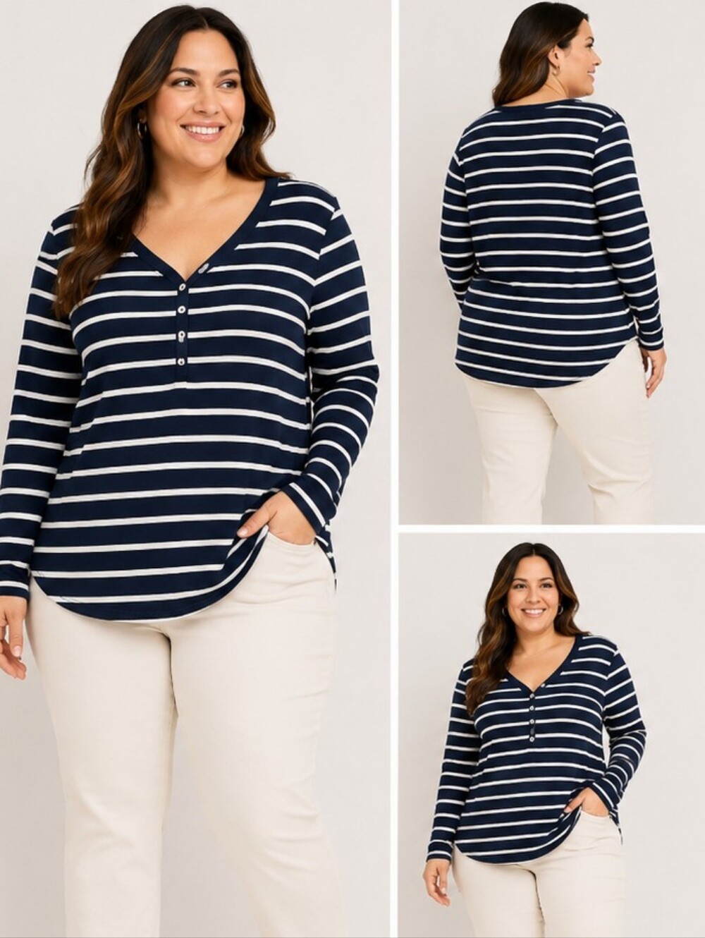Sonoma Navy and White Striped Henley Button-Down Top